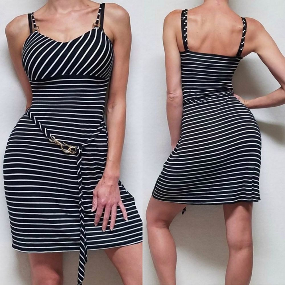 VINTAGE Cache Black Striped Hook Belted Dress